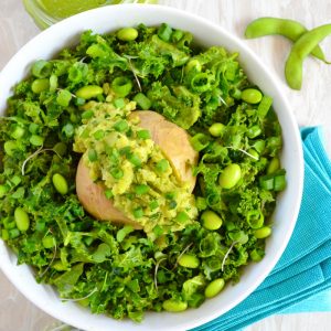 No Oil Pesto Baked Potato Kale Salad Recipe Dr Joel Fuhrman 6 week eat to live plan Dr McDougall Dr Goldhamer The Starch Solution What the Health