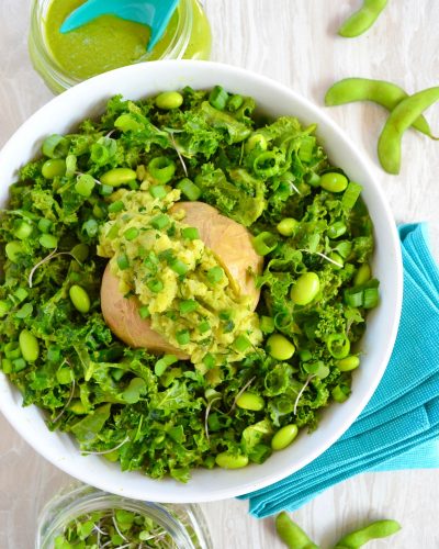 No Oil Pesto Baked Potato Kale Salad Recipe Dr Joel Fuhrman 6 week eat to live plan Dr McDougall Dr Goldhamer The Starch Solution What the Health