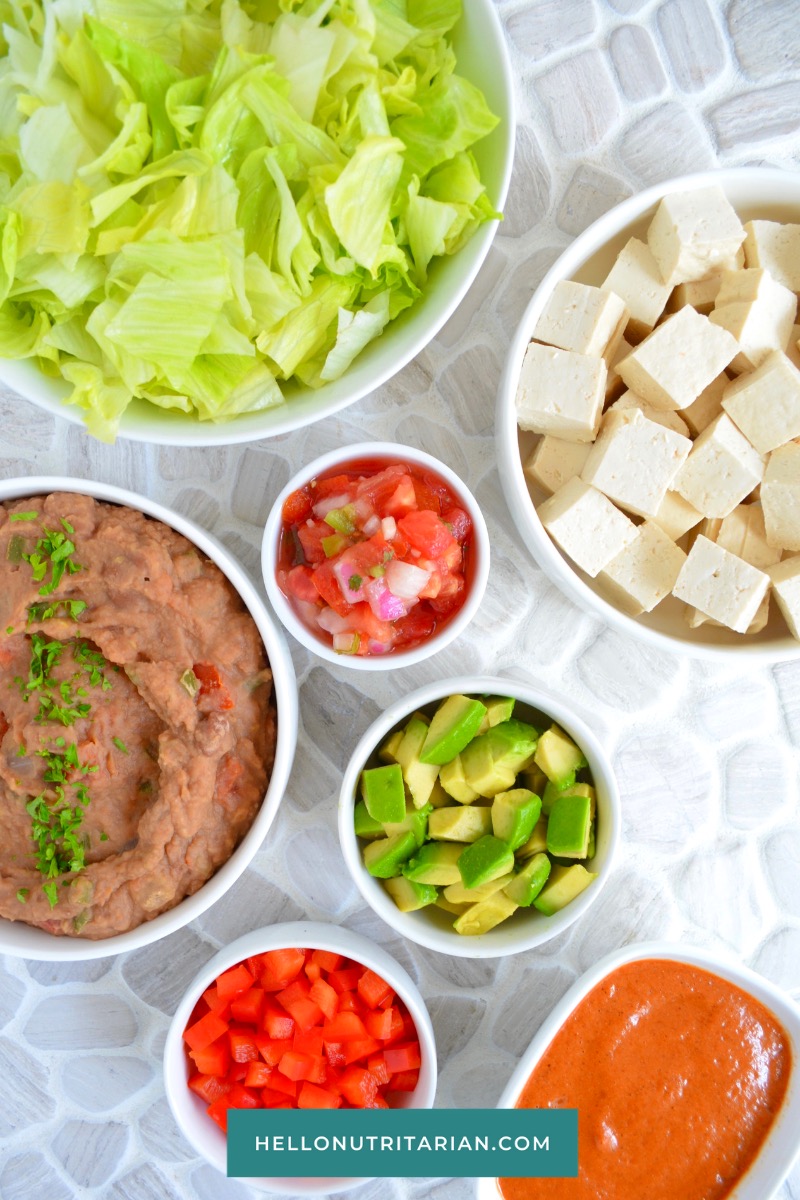 Eat to Live Mexican Salad by Hello Nutritarian Ingredients High Protein Dr Fuhrman Diet LEttuce Avocado Refreid Beans Tofu Hot Sauce Pico De Gallo Vegan Prep Ahead Meal