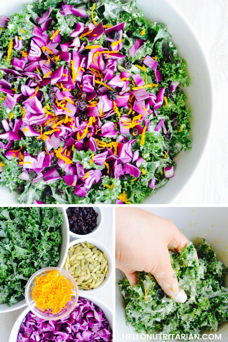 Kale Salad Recipe No Oil Vegan No Refined Sugar No Coconut Products Green leafy kale salad with red cabbage, dried currants pumpkin seeds orange zest and an amazing oil free salad dressing