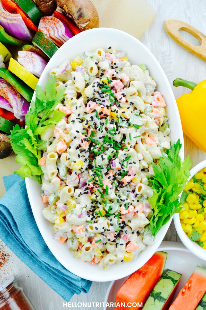 no oil vegan macaroni salad low dosium nutritarian perfect BBQ side dish for Dr fuhrmans Eat to Live plan tofu cashew mayo whole food plant based recipe What the Health