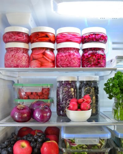 Refrigerator organization quick pickles no cooking no canning no salt picked red cabbage pickled red onion pickled radish nutritarian recipe