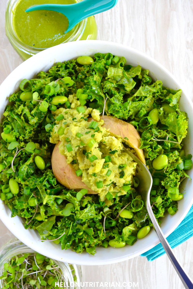 Hello Nutritarian No Oil Pesto Baked Potato Kale salad Recipe Dr Fuhrman Eat to Live plan The end of Dieting the Pleasure Trap recipes