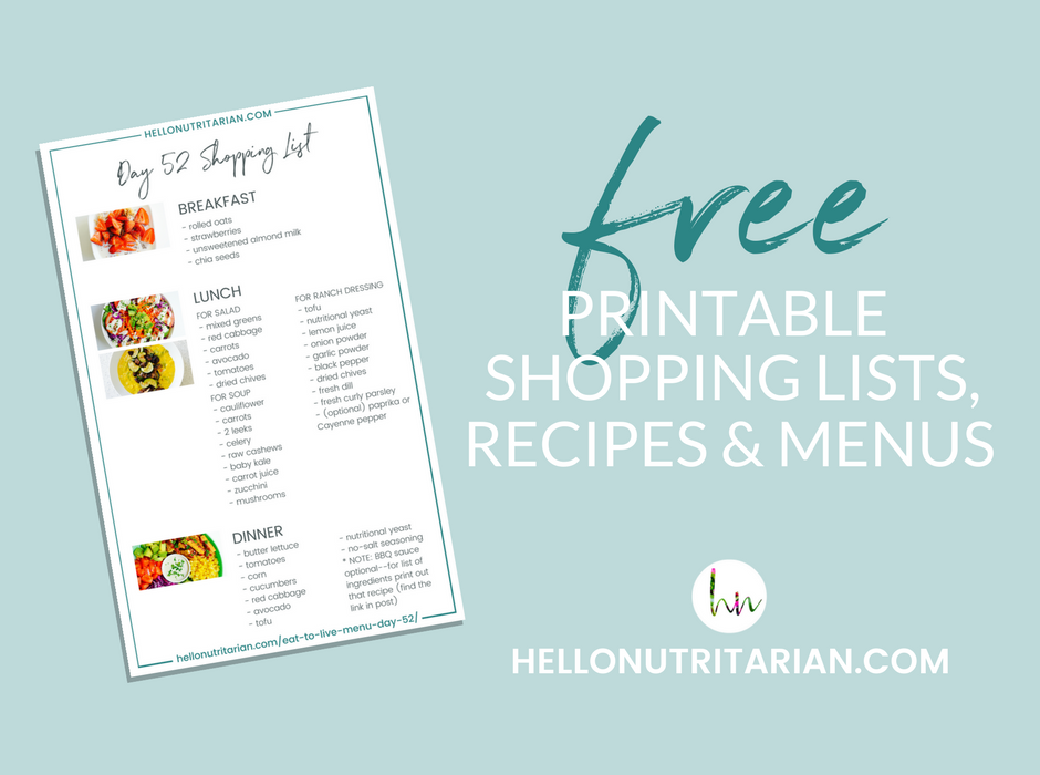 Free Printable Recipes Shopping List for Dr Fuhrman Eat to Live Nutritarian 6 week plan Whole Food Plant Based Meal Plan What the Health
